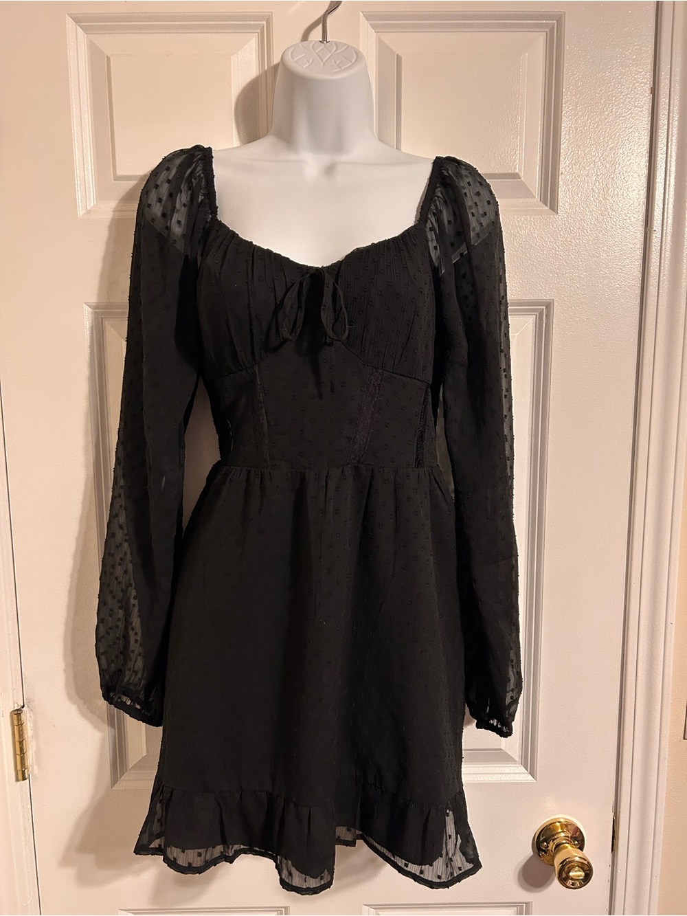 Hollister Black Long-Sleeve Swiss Dot Mini Dress